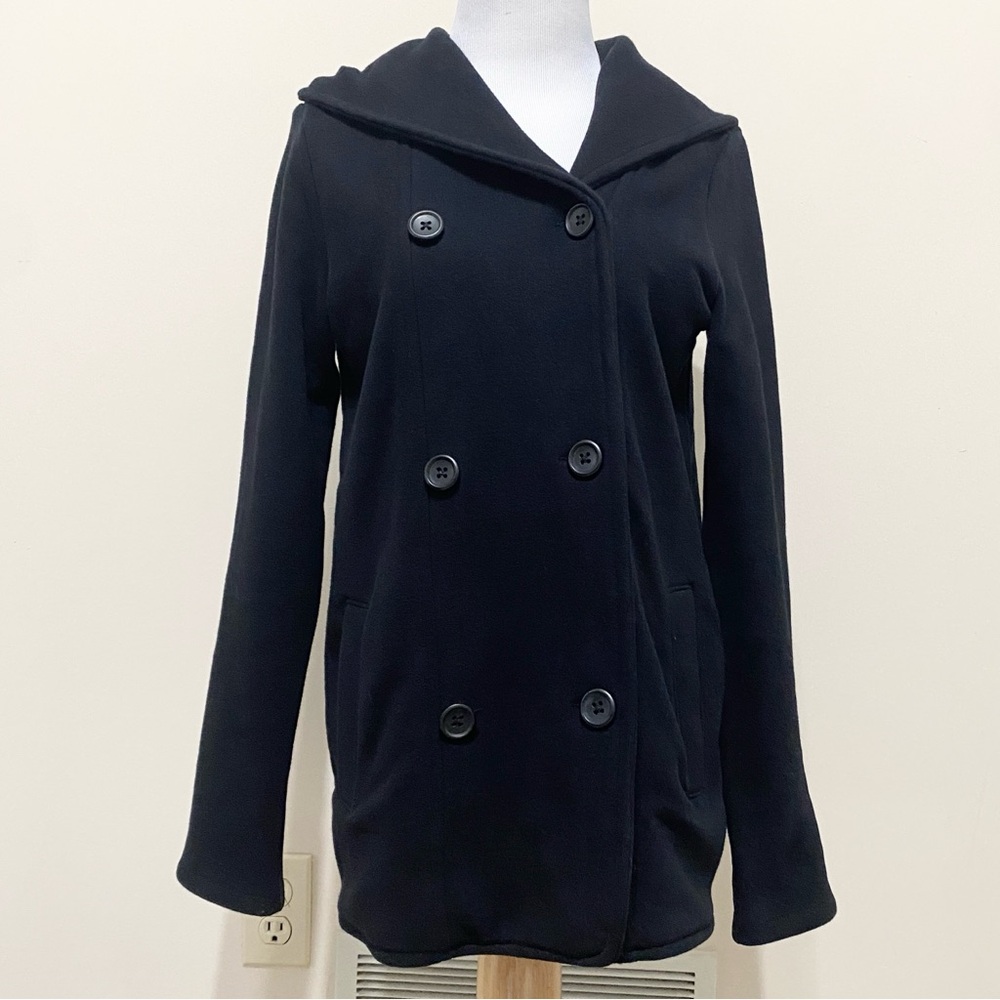 James Perse Black Double Breasted Hooded Peacoat Jacket